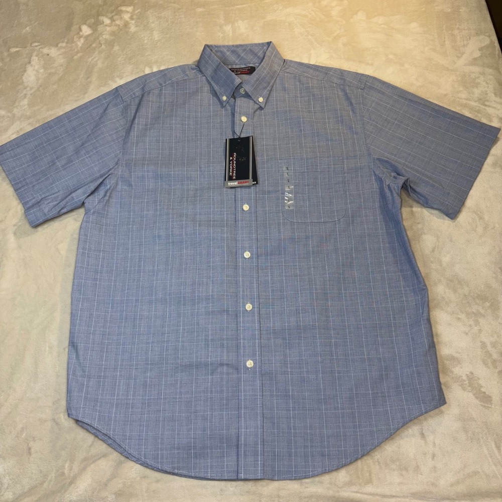 Roundtree & Yorke TravelSmart Mens Blue Glen Plaid Short Sleeve Shirt Large NWT